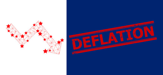 Mesh recession arrow polygonal symbol vector illustration, and red DEFLATION rubber watermark. Carcass model is based on recession arrow flat icon, with stars and triangular mesh.