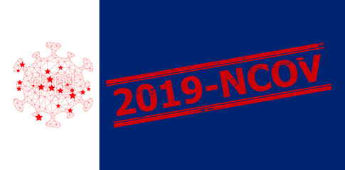 Mesh Chinese coronavirus polygonal icon vector illustration, and red 2019-NCOV rubber stamp imitation. Carcass model is based on Chinese coronavirus flat icon, with stars and polygonal net.