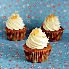 Cupcakes with cream cheese and butter cream on a blue background