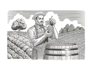 Fotobehang Winemaker holding grapes. Wooden barrel, vineyard landscape. Traditional Wine Making Industry. Engraving style vector illustration. © ledokol.ua