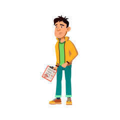 sadness boy student holding test list with bad mark cartoon vector. sadness boy student holding test list with bad mark character. isolated flat cartoon illustration