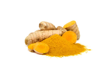 Turmeric spice, curcuma longa roots and powder isolated on white background