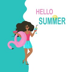 Hello summer inscription. Summer girl with watermelon and flamingo float circle. Cute summer vector illustration for background, poster and web with a place for your text.