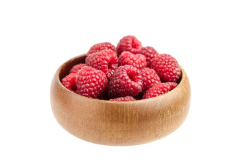Fresh raspberries in wooden bowl isolated on white background. Red sweet raspberries