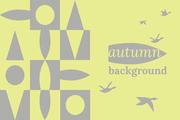 Fototapeta na wymiar Autumn banner. Floral pattern, trees, flock of flying birds. Vector illustration for label design, advertising, presentations in pastel colors