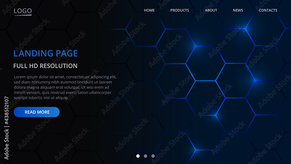 Poster Landing page website template design. Hexagonal technology concept of web page design for website. Modern Interface. Landing web page. Vector illustration EPS10.