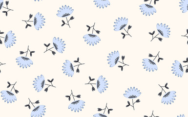 Seamless floral pattern based on traditional folk art ornaments. Colorful flowers on light background. Scandinavian style. Sweden nordic style. Vector illustration. Simple minimalistic pattern