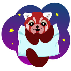 Funny red panda sits on a pillow