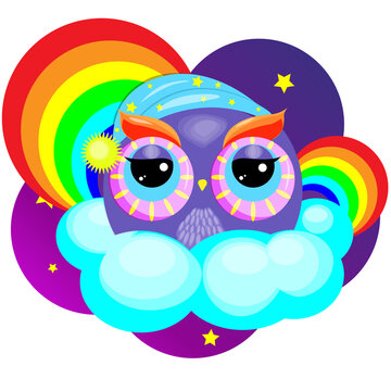 little owl and rainbow drawing for kids