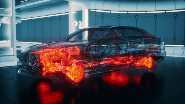 transparent car with engine in laboratory