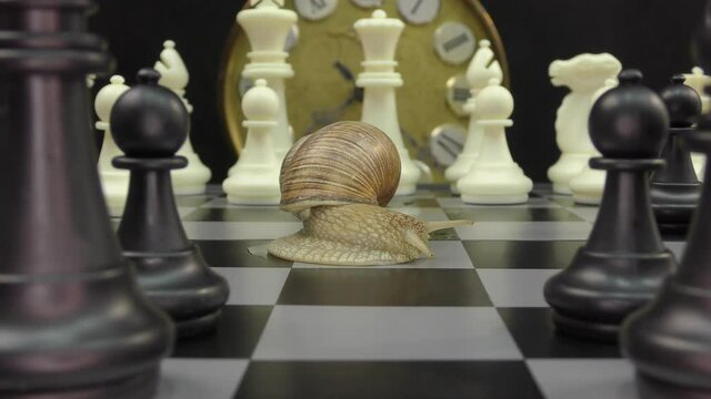 A snail is a mollusc with a single spiral shell in which the whole body can be placed. On the chessboard.