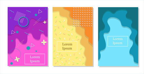 A Set of Bright abstract memphis style backgrounds in purple ,  yellow and blue shades with geometric figures