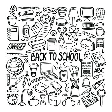 School elements doodles hand drawn line icon. Vector illustration. Vector set back to shcool line icons.