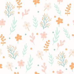 Floral pattern of small plants and flowers on white background. Endless Background. Perfect for cotton fabric, background, wallpaper.