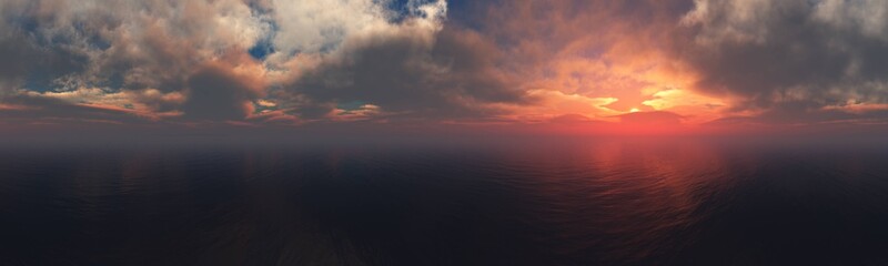 Naklejka na ściany i meble Sea sunset panorama, ocean sunrise, the sun among the clouds above the water, 3D rendering