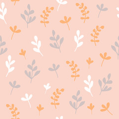 Seamless floral pattern. Small branches and leaves on pink background. Stock vector for printing on surfaces and web design. Scandinavian style print.