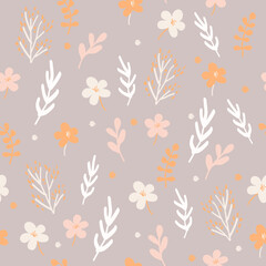 Fototapeta na wymiar Floral pattern of small plants and flowers on grey background. Endless Background. Perfect for cotton fabric, background, wallpaper.