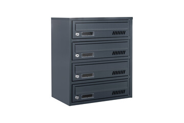 Deep blue or gray mailboxes on the white background isolated. Mail box for entrance of apartment house. Metal mailbox