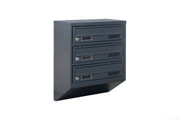 Deep blue or gray mailboxes on the white background isolated. Mail box for entrance of apartment house. Metal mailbox