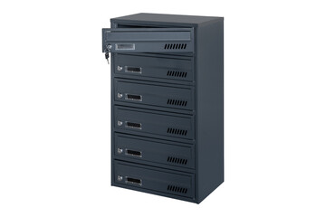 Deep blue or gray mailboxes on the white background isolated. Mail box for entrance of apartment house. Metal mailbox