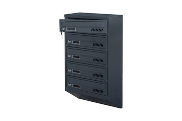 Deep blue or gray mailboxes on the white background isolated. Mail box for entrance of apartment house. Metal mailbox