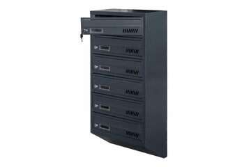 Deep blue or gray mailboxes on the white background isolated. Mail box for entrance of apartment house. Metal mailbox