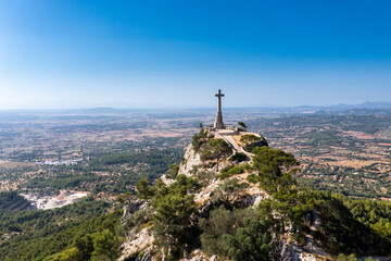 Aerial view of Santuari de Sant Salvador monastery, Puig de Sant Salvador, near Felanitx, Migjorn...