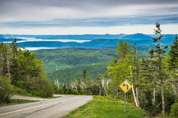 View on the Chaleurs Bay in Gaspesie (Quebec. Canada) from the road leading to the top of Mount St...
