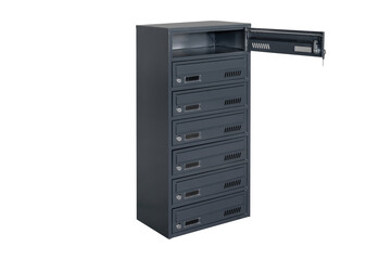 Deep blue or gray mailboxes on the white background isolated. Mail box for entrance of apartment house. Metal mailbox