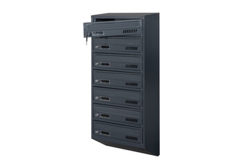 Deep blue or gray mailboxes on the white background isolated. Mail box for entrance of apartment house. Metal mailbox