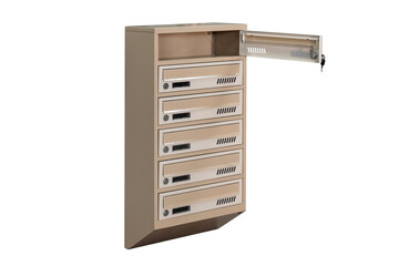 Beige ecru khaki color mailboxes on the white background isolated. Mail box for entrance of apartment house. Metal mailbox