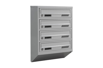 Gray mailboxes on the white background isolated. Mail box for entrance of apartment house. Metal mailbox