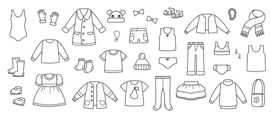Collection of baby clothes vector. Coloring book wardrobe items set. Baby clothes black and white. Isolated clipart dress, accessories and pants
