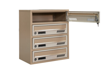 Beige ecru khaki color mailboxes on the white background isolated. Mail box for entrance of apartment house. Metal mailbox