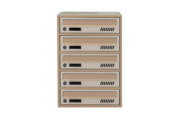 Beige ecru khaki color mailboxes on the white background isolated. Mail box for entrance of apartment house. Metal mailbox