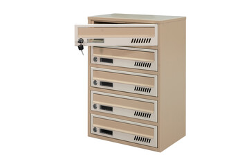 Beige ecru khaki color mailboxes on the white background isolated. Mail box for entrance of apartment house. Metal mailbox