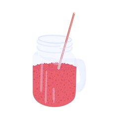 Glass jar of red juice with handle isolated on white background. Organic detox drink in a jar. Red berry juice. Fruit summer drink.