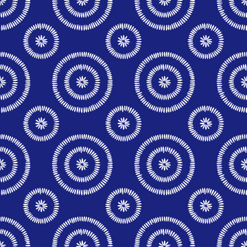 Seamless blue and white African pattern. Indigo shweshwe print. Polka dot ornament. Vector illustration.