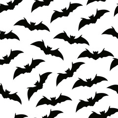 Seamless pattern of flying bat. Different minimalistic black bats isolated on white background. Halloween vector illustration.