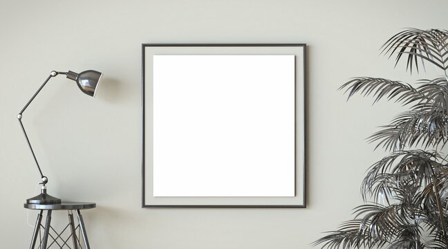 Mock up blank picture frame black lamp and black tropical leafs 3D