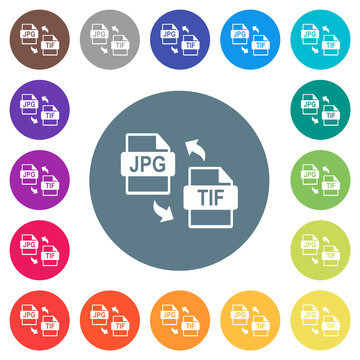 JPG TIF file conversion flat white icons on round color backgrounds