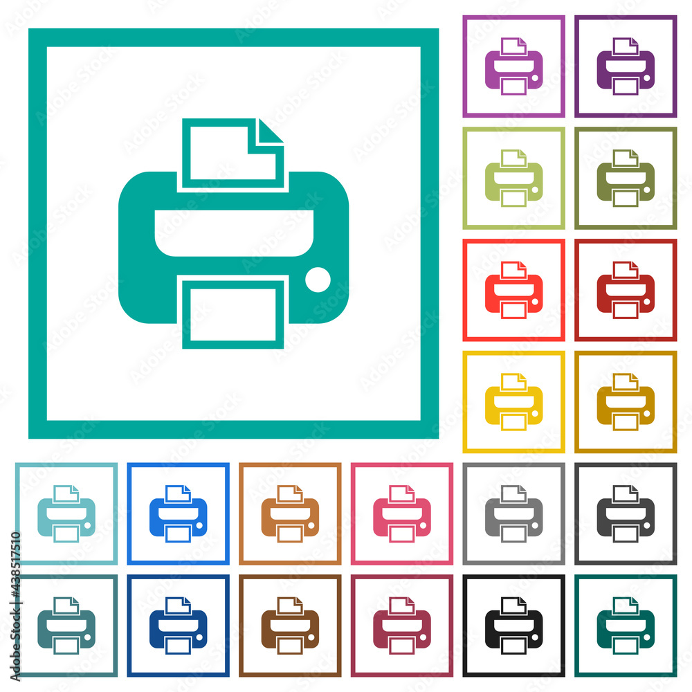 Sticker printer flat color icons with quadrant frames