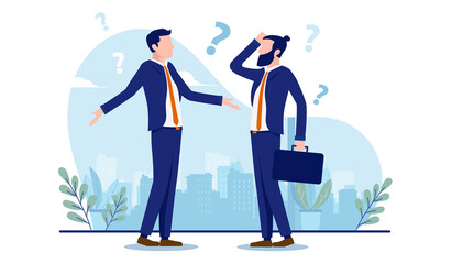Confused businessmen - Two men with question marks. Business confusion concept. Vector illustration with white background.