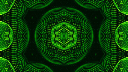 3d render. Green motion design background with symmetrical star pattern. Abstract sci-fi bg with glow particles form curved lines, surfaces, hologram or virtual digital space. Floral structure