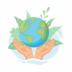 Save the planet. Hands holding globe, earth. Earth day concept. Vector illustration of icons about environmental protection and nature conservation.