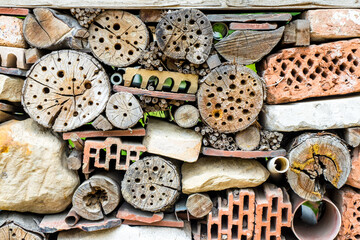 Insect hotel made of bricks, stones and wood