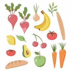 Set of fresh healthy vegetables, fruits and grocery. Flat design. Organic farm illustration. Healthy lifestyle vector design elements.