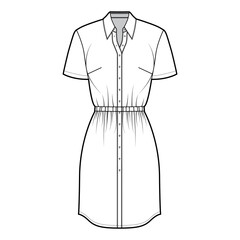 Dress shirt technical fashion illustration with gathered waist, short sleeves,, knee length pencil skirt, classic collar, button closure. Flat apparel front, white color. Women, men unisex CAD mockup