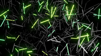 3d render. 3d abstract simple geometric background with green rectangles like light bulbs flashing neon lights fly in the air. Creative simple motion design bg with 3d objects