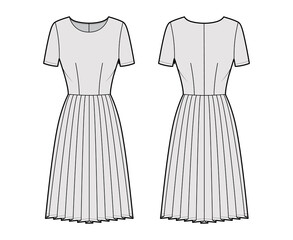 Dress pleated technical fashion illustration with short sleeves, fitted body, knee length skirt. Flat apparel front, back, grey color style. Women, men unisex CAD mockup